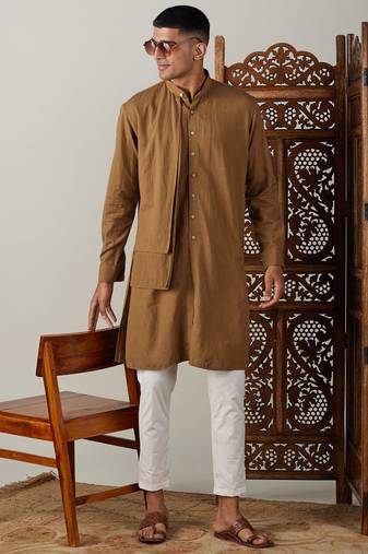 Men'S Coffee And Cream Cotton Kurta Pyjama Set