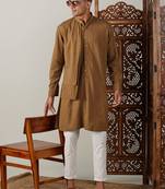 Men'S Coffee And Cream Cotton Kurta Pyjama Set
