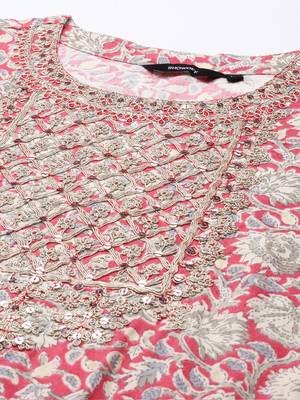 women's scoop neck ethnic motifs block print pink straight kurta and trouser with dupatta 2