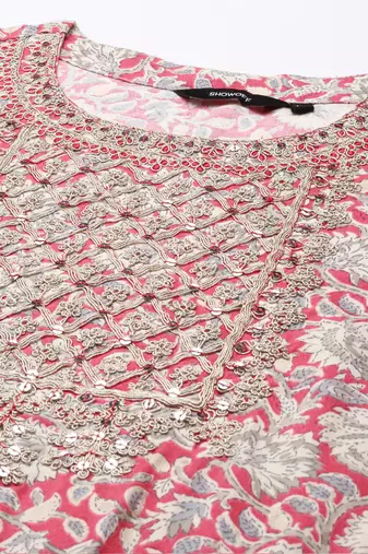 women's scoop neck ethnic motifs block print pink straight kurta and trouser with dupatta
