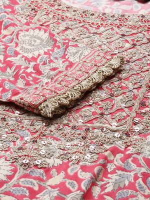 women's scoop neck ethnic motifs block print pink straight kurta and trouser with dupatta 3