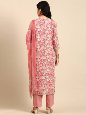 women's scoop neck ethnic motifs block print pink straight kurta and trouser with dupatta 4