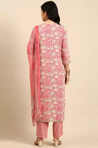 women's scoop neck ethnic motifs block print pink straight kurta and trouser with dupatta