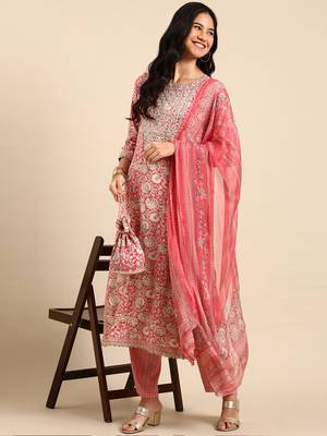 women's scoop neck ethnic motifs block print pink straight kurta and trouser with dupatta 5