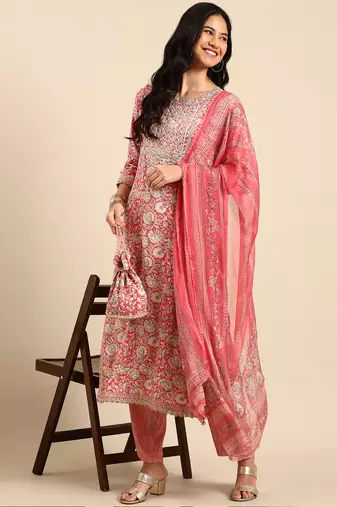women's scoop neck ethnic motifs block print pink straight kurta and trouser with dupatta