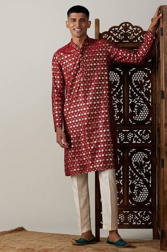 Men'S Maroon And Cream Viscose Kurta Pyjama Set