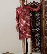 Men'S Maroon And Cream Viscose Kurta Pyjama Set