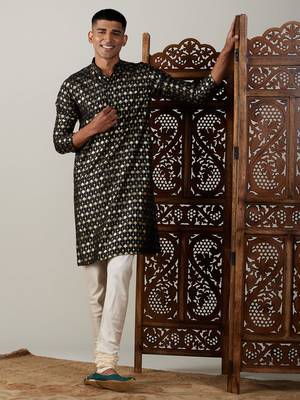 Men'S Black And Cream Viscose Kurta Pyjama Set 1