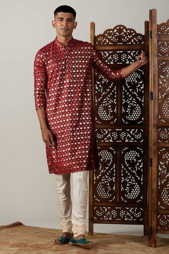 Men'S Maroon And Cream Viscose Kurta Pyjama Set