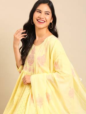 women's scoop neck woven design block print yellow anarkali kurta and trouser with dupatta 1