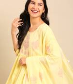 women's scoop neck woven design block print yellow anarkali kurta and trouser with dupatta