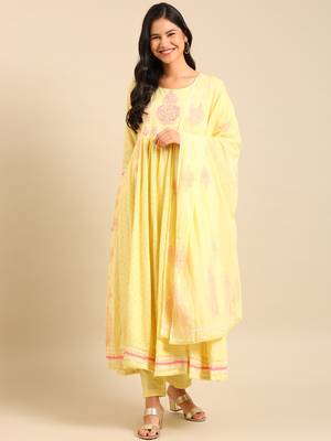 women's scoop neck woven design block print yellow anarkali kurta and trouser with dupatta 2