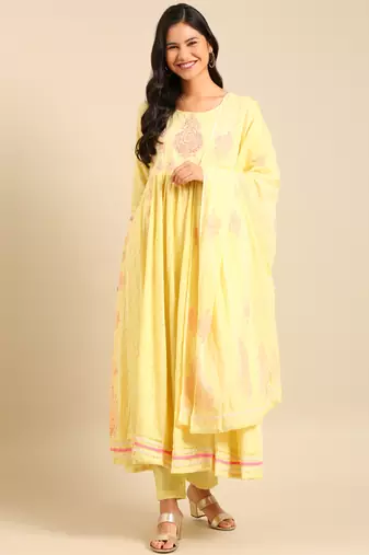 women's scoop neck woven design block print yellow anarkali kurta and trouser with dupatta