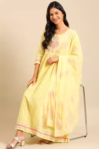 women's scoop neck woven design block print yellow anarkali kurta and trouser with dupatta