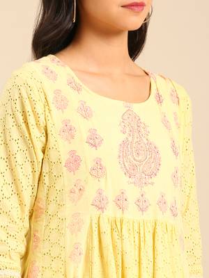 women's scoop neck woven design block print yellow anarkali kurta and trouser with dupatta 4