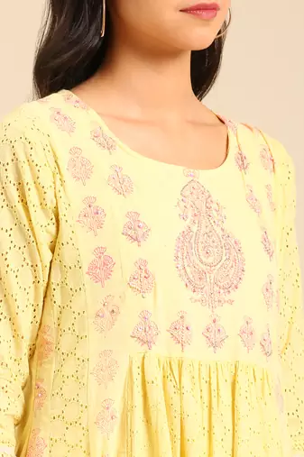 women's scoop neck woven design block print yellow anarkali kurta and trouser with dupatta
