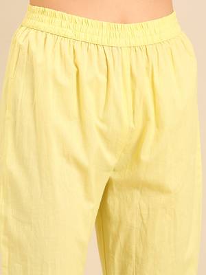 women's scoop neck woven design block print yellow anarkali kurta and trouser with dupatta 5