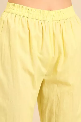 women's scoop neck woven design block print yellow anarkali kurta and trouser with dupatta