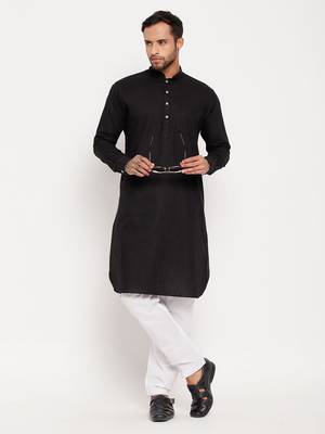 Black Cotton Linen Kurta Pyjama Set 1