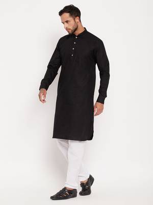 Black Cotton Linen Kurta Pyjama Set 2