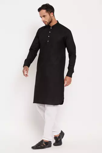 Black Cotton Linen Kurta Pyjama Set
