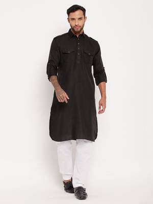 Black And White Cotton Blend Kurta Pyjama Set 1
