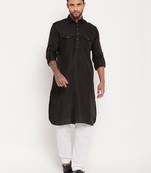Black And White Cotton Blend Kurta Pyjama Set