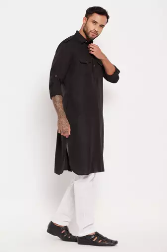 Black And White Cotton Blend Kurta Pyjama Set