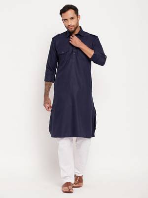 Blue And White Cotton Blend Kurta Pyjama Set 1