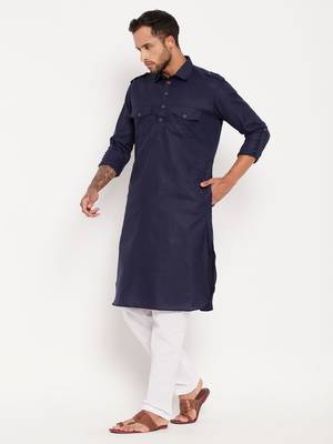 Blue And White Cotton Blend Kurta Pyjama Set 2