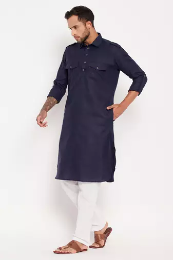 Blue And White Cotton Blend Kurta Pyjama Set
