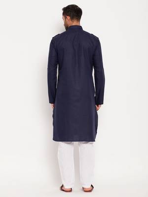 Blue And White Cotton Blend Kurta Pyjama Set 3