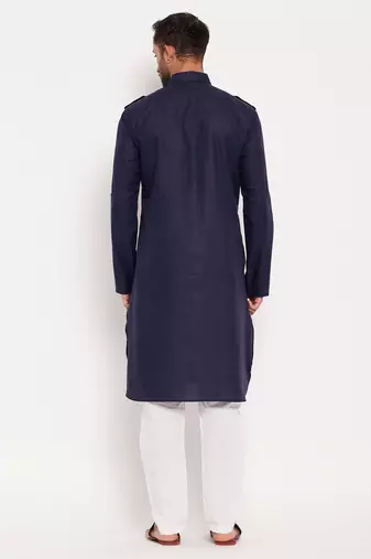 Blue And White Cotton Blend Kurta Pyjama Set
