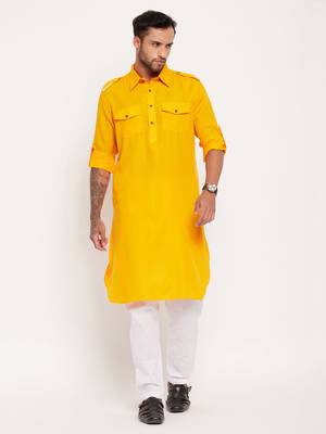 Mustard And White Cotton Blend Kurta Pyjama Set 1