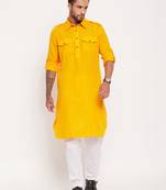 Mustard And White Cotton Blend Kurta Pyjama Set