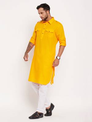 Mustard And White Cotton Blend Kurta Pyjama Set 2