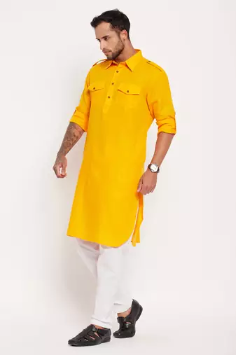 Mustard And White Cotton Blend Kurta Pyjama Set