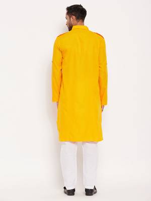 Mustard And White Cotton Blend Kurta Pyjama Set 3