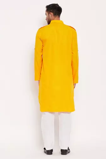 Mustard And White Cotton Blend Kurta Pyjama Set