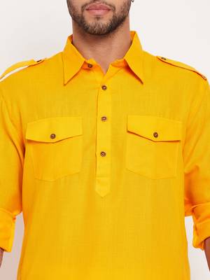Mustard And White Cotton Blend Kurta Pyjama Set 4
