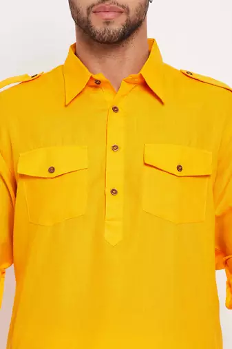 Mustard And White Cotton Blend Kurta Pyjama Set