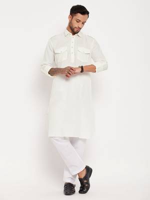 Cream And White Cotton Blend Kurta Pyjama Set 1