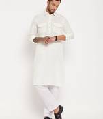 Cream And White Cotton Blend Kurta Pyjama Set