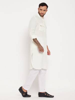 Cream And White Cotton Blend Kurta Pyjama Set 2