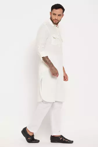 Cream And White Cotton Blend Kurta Pyjama Set
