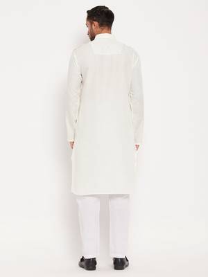 Cream And White Cotton Blend Kurta Pyjama Set 3