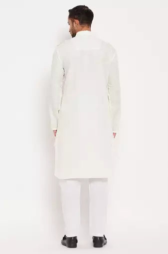 Cream And White Cotton Blend Kurta Pyjama Set