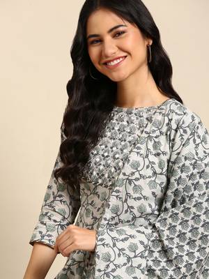women's scoop neck ethnic motifs block print grey anarkali kurta and trouser with dupatta 1