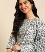 women's scoop neck ethnic motifs block print grey anarkali kurta and trouser with dupatta