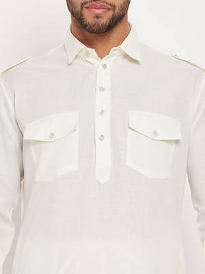 Cream And White Cotton Blend Kurta Pyjama Set 4